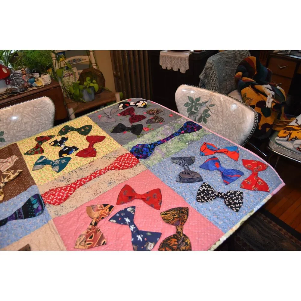 Handmade Bow Tie Quilt Lap Quilt Memorial Signed 2017 Applique 57x36